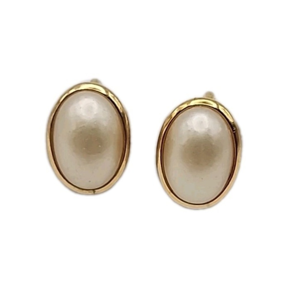 Crown Trifari Faux Pearl Oval Cabochon Gold Tone Bezel Vintage Clip On Earrings
